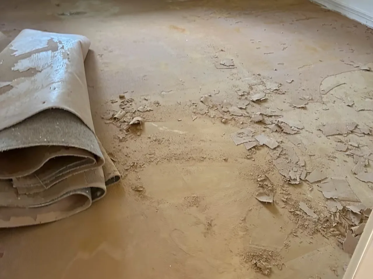 Vorher-Nachher-Vergleich aus Bremerhaven: Untergrund mit Teppich- und Kleberesten, danach fertig verlegtes Laminat in dunkler Holzoptik – Vorher