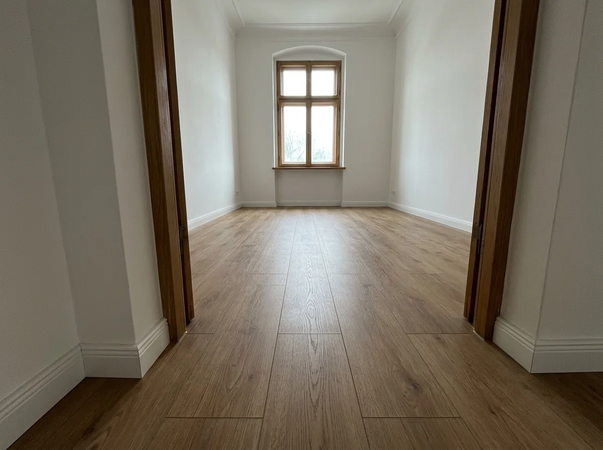 Laminatverlegung im Altbau in Wittmund Frisch verlegtes Laminat in Eiche-Optik in einem hellen Altbauzimmer mit Bogenfenster in Wittmund